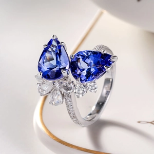 Elegant Double Pear Shaped Blue Simulated Sapphire Open Ring Copper Cubic Zirconia Flower Cluster Adjustable Jewelry For Women