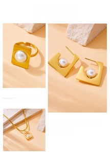 Detail of gold-plated geometric square jewelry set featuring elegant white pearls