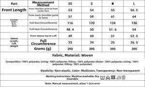 Size chart and material guide for leopard print baseball jacket with woven polyester fabric