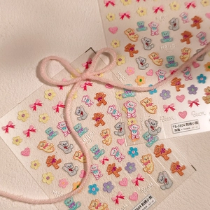 Embossed bear embroidery style nail stickers with colorful heart and bow designs
