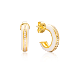 Close-up of gold-plated S925 silver C-shape earrings with white enamel and zircons