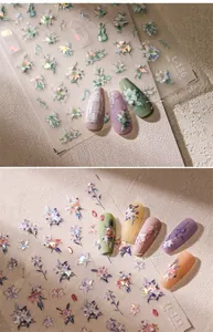 Macro detail of 3D floral nail stickers with glitter finish and musical notes