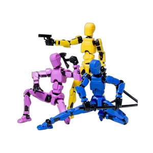 Articulated 3D printed action figures in yellow, blue and purple with weapon accessories