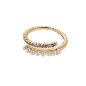 14K gold plated double layer ring with sparkling crystals and freshwater pearls