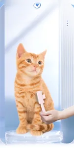 Pink self-cleaning pet brush with fine metal bristles grooming a ginger cat gently