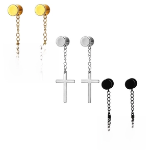 Minimalist cross dangle hoop earrings set in gold, silver, and black polished finish
