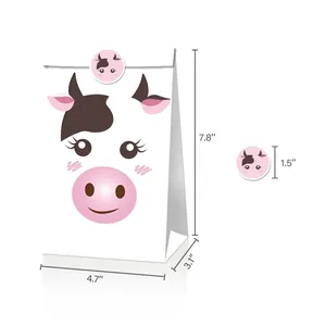 Sachet cadeau en papier motif vache pour fête à la ferme avec autocollants de scellage