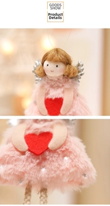 Detail of pink plush Christmas angel pendant with silver stars and a red felt heart
