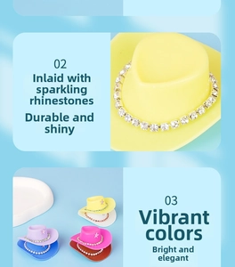 Detail of colorful mini doll cowboy hats with sparkling rhinestone chain trim