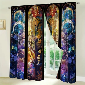 Detailed view of sun and moon stained glass art pattern on navy polyester curtains