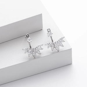Close-up of S925 silver fan-shaped earrings with marquise-cut marquise stones on white base