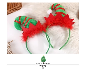 Detailed close-up of two Christmas elf hat headbands with green sequins and red fur trim