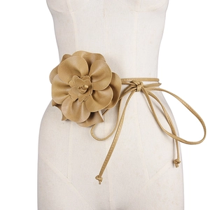 Bohemian beige PU leather waist belt featuring a large 3D flower and elegant tie-up bow