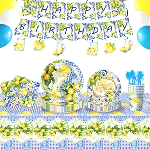 Lemon Mediterranean Blue Tile Party Disposable Paper Plates Napkins Cups Tablecloth Banner Balloons Cake Topper Cutlery