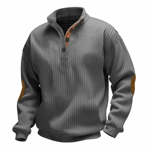 Men's grey ribbed knit sweatshirt with buttoned collar and brown elbow patches