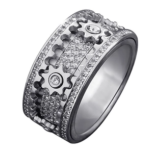 Mechanical gear ring with micro-set zircons and punk industrial style stainless steel finish