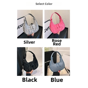 Collage of chic crescent underarm bags in silver, magenta, black, and monogram blue