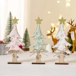Christmas Tree Desktop Ornament Wood Faux Fur Plush With Metal Bell Hemp Rope DIY Small Xmas Decoration For Home Office