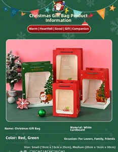 Detailed size guide for red and green Christmas paper gift bags with clear window