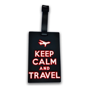 Black PVC luggage tag with 'KEEP CALM AND TRAVEL' slogan and airplane icon on white background
