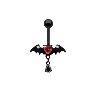 Piercing nombril gothique noir avec ailes de chauve-souris et zircon rouge en cœur