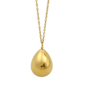 Close-up of golden waterdrop pendant necklace with polished finish on white backdrop