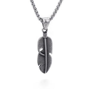 Vintage stainless steel hollow feather pendant necklace with box chain for men