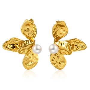 Textured gold flower petal earrings with white pearl center for elegant fashion style