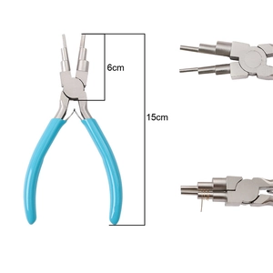 Detail view of 6-step bail making pliers with blue handles showing head size measurements