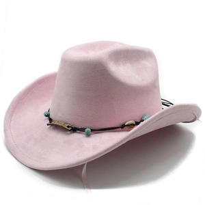 Detail of pink suede cowboy hat with turquoise beads and shell ornaments on band
