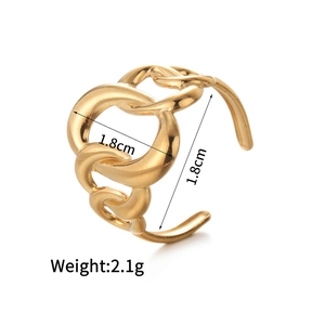 Detailed view of 18K gold plated stainless steel ring with 1.8cm size and 2.1g weight specs