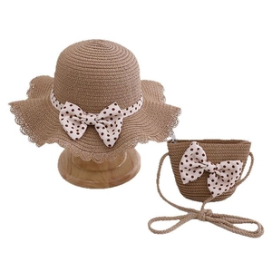 Kids straw sun hat and matching bag set with bow ribbon for beach vacation