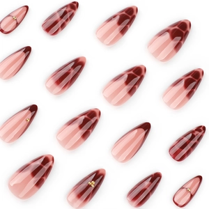 French wine red press on nails with amber texture and gold beads in almond shape