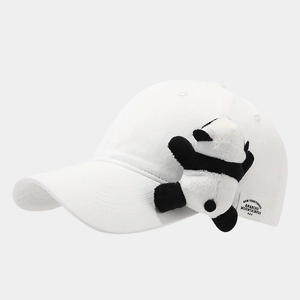 Detail shot of white cotton baseball cap with cute 3D plush panda doll and woven label