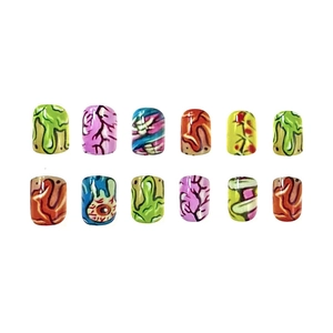 Short square Halloween nails with colorful spooky monster slime and eyeball patterns
