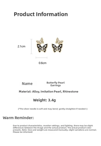 Detail view of pearl butterfly earrings showing dimensions 2.1cm height and 0.8cm width
