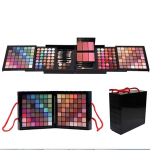 Comprehensive 177-color makeup palette with eyeshadow, blush, and lip gloss in black case
