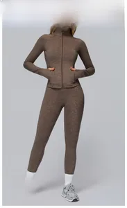 Detail of Rock Brown marled yoga set with zip-up jacket and tight-fitting leggings