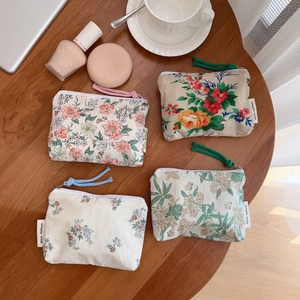 Floral Coin Purse Mini Cotton Canvas Zipper Storage Bag For Lipstick Earphones Portable Travel Makeup Pouch Women