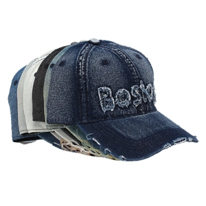 Vintage washed denim baseball caps with Boston 3D embroidery and distressed details
