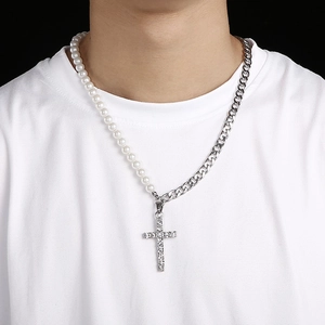 Collier hip-hop en acier inoxydable avec perles et pendentif croix brillant pour unisexe