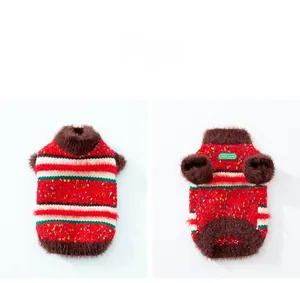 Detail view of red striped knit dog sweater with fuzzy trim and LuckyDog label