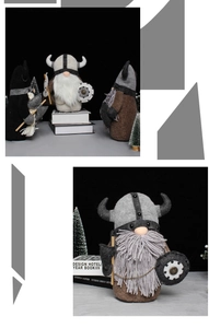 Close-up of Viking gnome doll featuring detailed felt beard, helmet, and small axe prop