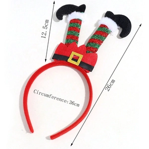 Detailed dimensions of a plush Christmas elf headband with red and green striped legs