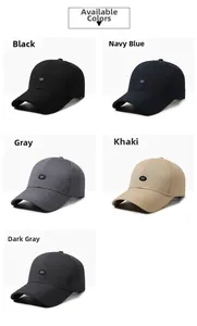Classic baseball caps in black, navy, grey, and khaki colors on a white background