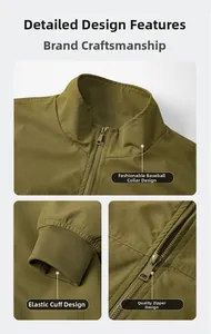 Detailansicht der olivgrünen Jacke mit Stehkragen, Rippbündchen und Metallreißverschluss
