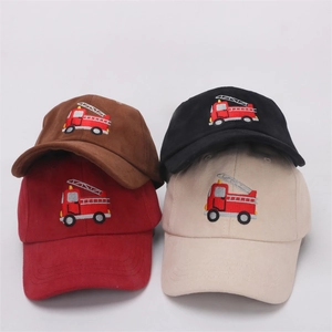 Kids baseball cap with fire truck embroidery in black, brown, red and beige colors