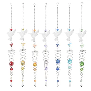 Set of 7 hummingbird crystal suncatchers with metal spirals and colorful glass beads