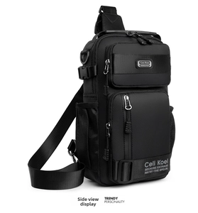 Side view of black crossbody chest bag with durable nylon material and zipper pockets