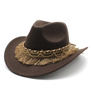 Western Cowboy Hat Woolen Felt Wide Brim With Braided Band Gold Chain Tassels Bohemian Retro Fedora